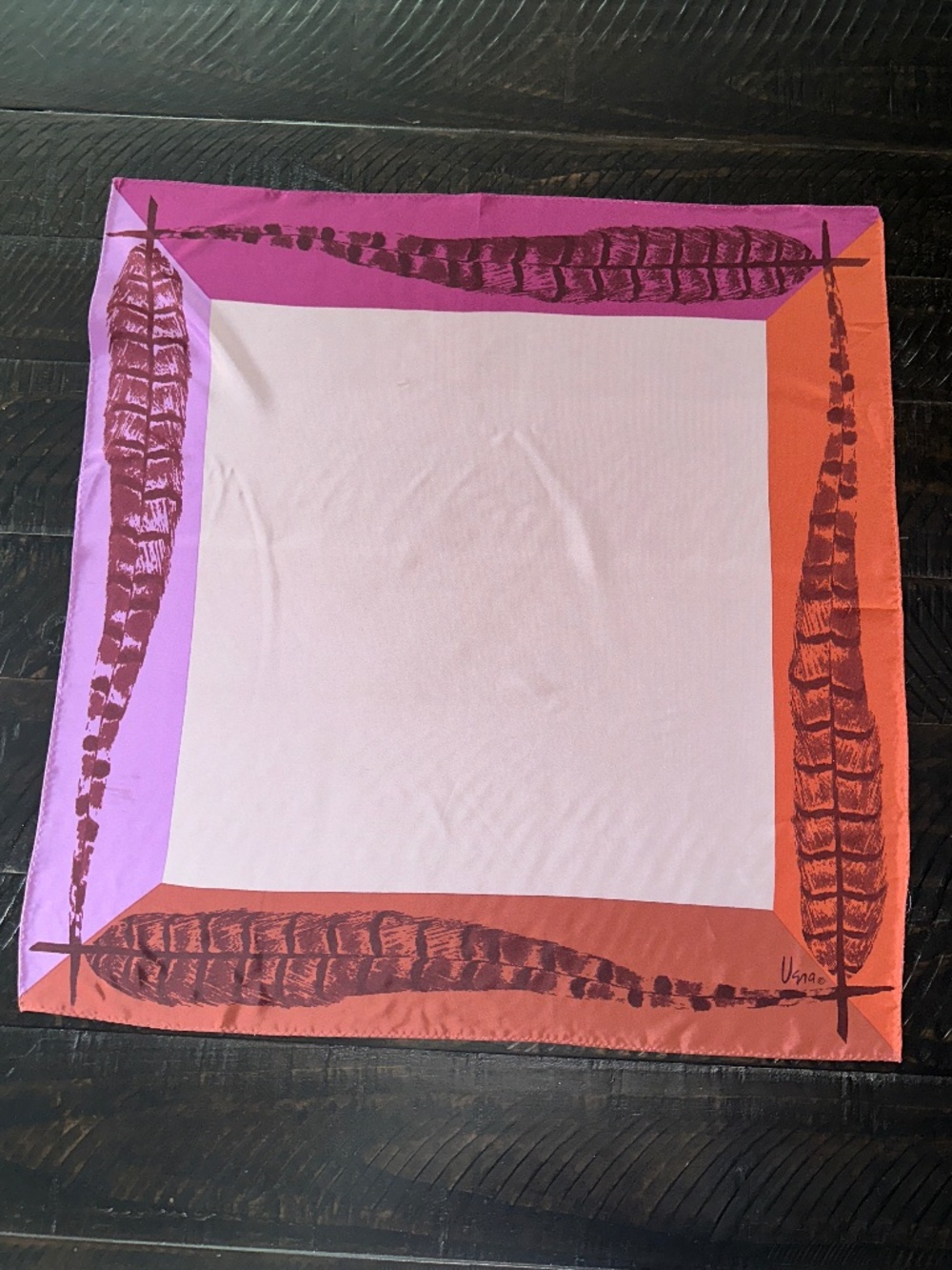 Vintage Late 1970s Vera Neumann Square Silk Scarf -Feather Border Design, Signed